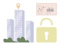 Corporate Building with Geo Pin, Data Analytics, and Cybersecurity Lock Royalty Free Stock Photo