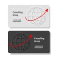 Corporate Business card template with volume world icon with red increasing arrow, business consulting card template Royalty Free Stock Photo