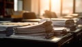 Corporate business paperwork stack on messy desk generated by AI