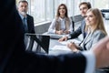 Corporate business team and manager in a meeting, close up Royalty Free Stock Photo