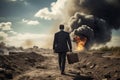 Corporate businessman with suitcases walking on burning field. Generate ai