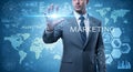 Corporate Businessman Touching Virtual Marketing Interface with Global Analytics Dashboard Royalty Free Stock Photo