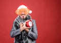 Corporate christmas party. Lets celebrate winter holiday. Boss santa hat celebrate new year or christmas. Join christmas Royalty Free Stock Photo