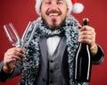 Corporate christmas party. Lets drink champagne. Boss santa hat tinsel celebrate new year or christmas. Christmas party