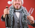 Corporate christmas party. Lets drink champagne. Boss santa hat tinsel celebrate new year or christmas. Christmas party Royalty Free Stock Photo