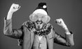 Corporate christmas party. Man bearded hipster wear santa hat and funny sunglasses. Manager tinsel ready celebrate new Royalty Free Stock Photo
