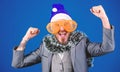 Corporate christmas party. Man bearded hipster wear santa hat and funny sunglasses. Manager tinsel ready celebrate new Royalty Free Stock Photo