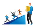 Corporate competition with businessmen racing towards a leader holding coins. Success and financial leadership concept