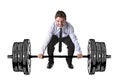 Corporate composite of young attractive businessman power lifting heavy dumbbell weights Royalty Free Stock Photo