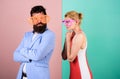 Corporate culture. bearded man with pretty woman. party fun. couple in love. hipster guy and girl party glasses. Office