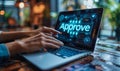 Corporate Decision-Maker Utilizing Digital Approval Process Interface on Laptop for Streamlined Workflow Management