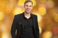 Corporate dress code. Man happy formal black suit festive blurred background. Business casual. Casual look made for Royalty Free Stock Photo