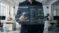 Future technology concept with businessman. Virtual touch screen for cyber security, data analysis and digital network management. Royalty Free Stock Photo