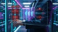 Future technology concept with businessman. Virtual touch screen for cyber security, data analysis and digital network management. Royalty Free Stock Photo