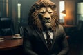 A corporate executive, with a lions head, presides over the office Royalty Free Stock Photo