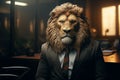 A corporate executive, with a lions head, presides over the office Royalty Free Stock Photo