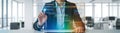 Business executive using high tech virtual touchscreen with icons for security, scheduling, and financial analysis. Royalty Free Stock Photo