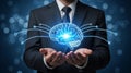 Corporate Executive Showcasing Future Technology Using Digital Brain Interface Projection. Royalty Free Stock Photo
