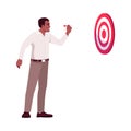 Corporate goals setting semi flat RGB color vector illustration. Focused CEO, top manager hitting bullseye on dartboard