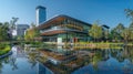 Corporate Headquarters with Reflective Water Features and Greenery