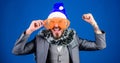 Corporate holiday party ideas employees will love. Corporate christmas party. Man bearded hipster wear santa hat and Royalty Free Stock Photo