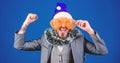 Corporate holiday party ideas employees will love. Corporate christmas party. Man bearded hipster wear santa hat and Royalty Free Stock Photo