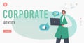 Corporate Identity Landing Page Template. Happy Businesswoman Character Holding Laptop with Cogwheels, Thumb Up Icons