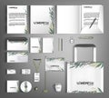 Corporate identity template with abstract and floral decor elements. Fashionable textures and strokes.