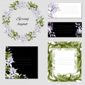 Corporate identity templates, floral bookmarks and business cards. Violet flowers on a white and black background. For modern