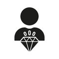 Corporate Ideology Silhouette Icon. Employee Value, Man with Diamond Glyph Pictogram. Person is Core Values in Business