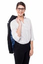 Corporate lady with blazer slung over her shoulder