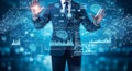 Businessman Presenting Artificial Intelligence and Financial Analytics Virtual Dashboard Royalty Free Stock Photo