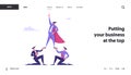 Corporate Leadership and Team Work Website Landing Page. Successful Manager in Super Hero Cloak Stand on Top