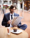Corporate, man and reading newspaper at cafe with coffee, muffin and outdoor for information and updates. Businessman Royalty Free Stock Photo
