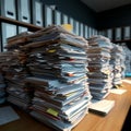 Corporate order Stacks of paperwork, business documents in office setting
