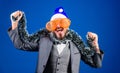 Corporate party ideas employees will love. Corporate christmas party. Man bearded cheerful hipster wear santa hat and Royalty Free Stock Photo