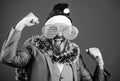 Corporate party ideas employees will love. Corporate christmas party. Man bearded hipster wear santa hat and funny Royalty Free Stock Photo