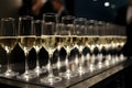 Corporate party sparkling champagne filled glasses standing in a rows on table surface, neural network generated Royalty Free Stock Photo