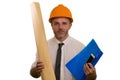 Corporate portrait of attractive and successful industrial engineer or contractor man in working hardhat holding blueprint Royalty Free Stock Photo