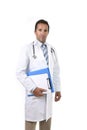 Corporate portrait of confident 40s attractive male medicine doctor with stethoscope with clipboard Royalty Free Stock Photo