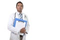 Corporate portrait of confident 40s attractive male medicine doctor with stethoscope with clipboard