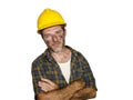 Corporate portrait of construction worker - attractive and happy builder man in safety helmet smiling confident as successful Royalty Free Stock Photo