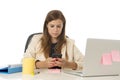 Corporate portrait young attractive businesswoman at office chair working at laptop computer desk Royalty Free Stock Photo