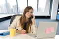 Corporate portrait young attractive businesswoman at office talking on mobile phone Royalty Free Stock Photo