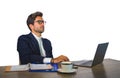 Corporate portrait of young attractive and efficient business man working at office laptop computer desk confident in elegant suit