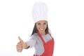 Corporate portrait of young attractive hispanic home cook woman in red apron posing happy and smiling isolated Royalty Free Stock Photo