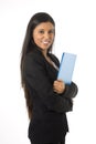 Corporate portrait young attractive latin businesswoman happy holding folder isolated white background Royalty Free Stock Photo