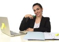 Corporate portrait of young beautiful hispanic woman working happy and relaxed at laptop office Royalty Free Stock Photo