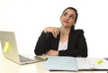 Corporate portrait of young beautiful hispanic woman working happy and relaxed at laptop office Royalty Free Stock Photo