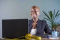 Corporate portrait of young happy and successful black afro American business woman working at modern office smiling cheerful havi Royalty Free Stock Photo